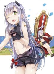Rule 34 | 10s, 1girl, ;d, animal costume, animal ears, animal hands, bell, bodysuit, bow, cat costume, cat ears, cat paws, cat tail, fang, gloves, green eyes, grey hair, long hair, navel, one eye closed, open mouth, outbreak company, paw gloves, paw print, petralka anne eldant iii, shorts, smile, solo, tail, tail bow, tail ornament, throne, wink, yuugen