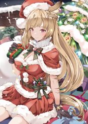 Rule 34 | 1girl, animal ears, black gloves, blonde hair, box, braid, breasts, capelet, christmas tree, cleavage, closed mouth, commentary request, dress, erune, french braid, fur-trimmed capelet, fur-trimmed dress, fur-trimmed headwear, fur trim, gift, gift box, gloves, granblue fantasy, hanchou (shirokun555), hat, highres, holding, holding box, holding gift, large breasts, long hair, looking at viewer, night, night sky, outdoors, pom pom (clothes), red capelet, red dress, red skirt, santa costume, santa hat, short dress, sitting, skirt, sky, smile, snowing, solo, turtleneck, very long hair, yuisis (granblue fantasy)