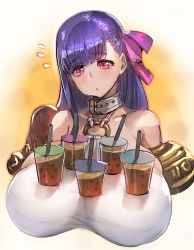 Rule 34 | 1girl, bare shoulders, belt collar, blunt bangs, bow (bhp), breasts, bubble tea, bubble tea challenge, collar, collarbone, cropped torso, fate/extra, fate/extra ccc, fate/grand order, fate (series), flying sweatdrops, gigantic breasts, gold trim, hair ribbon, half-closed eyes, head tilt, long hair, o-ring, o-ring top, object on breast, parted hair, passionlip (fate), passionlip (third ascension) (fate), pink eyes, pink ribbon, purple hair, raised eyebrows, ribbon, sideboob, simple background, sketch, solo, too many
