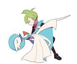 Rule 34 | 1boy, alternate color, black footwear, blue ribbon, bow, bowtie, closed eyes, closed mouth, coat, commentary, creatures (company), dancing, footwear ribbon, from side, game freak, gardevoir, gen 3 pokemon, green hair, hand on another&#039;s back, kneehighs, looking at another, male focus, nintendo, official alternate costume, orange bow, orange bowtie, pokemon, pokemon (creature), pokemon masters ex, ribbon, shiny pokemon, shoes, short hair, shorts, simple background, smile, socks, ssalbulre, standing, wally (pokemon), wally (sygna suit) (pokemon), white background
