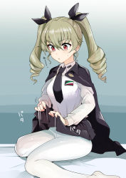 Rule 34 | 1girl, anchovy (girls und panzer), anzio school uniform, bed sheet, belt, black belt, black cape, black necktie, black ribbon, black skirt, cape, commentary, dress shirt, drill hair, emblem, fanning crotch, frown, girls und panzer, gradient background, green background, green hair, hair ribbon, legs, long hair, long sleeves, miniskirt, motion lines, nakasone haiji, necktie, no shoes, on bed, pantyhose, parted lips, pleated skirt, red eyes, ribbon, school uniform, shirt, sitting, skirt, solo, sweat, translated, twin drills, twintails, wariza, white pantyhose, white shirt