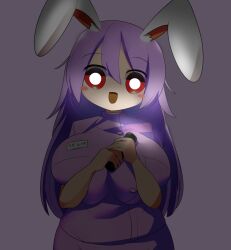 Rule 34 | 1girl, animal ears, blush stickers, breasts, commentary request, cookie (touhou), darkness, flashlight, flashlight beam, hair between eyes, highres, holding, holding flashlight, huge breasts, koga (cookie), lets0020, long hair, looking at viewer, medium bangs, name tag, nurse, open mouth, pink background, pink hair, pink shirt, pink skirt, rabbit ears, rabbit girl, red eyes, reisen udongein inaba, shirt, short sleeves, simple background, skirt, skirt set, smile, solo, touhou, upper body, very long hair, white eyes