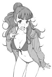 Rule 34 | 1girl, bikini, bikini under clothes, blush, breasts, cleavage, fingernails, flying sweatdrops, front-tie top, gluteal fold, greyscale, hand on own chest, highres, idolmaster, idolmaster cinderella girls, jacket, jacket over swimsuit, kamiya nao, leaning forward, long fingernails, medium breasts, monochrome, nose blush, ponytail, sleeves past wrists, solo, swimsuit, swimsuit under clothes