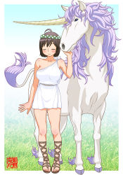 Rule 34 | 1girl, bestiality, black hair, blush, breasts, closed eyes, gladiator sandals, grass, horse, large breasts, machino henmaru, no bra, outdoors, sandals, short hair, standing, unicorn