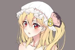 Rule 34 | 1girl, bare shoulders, blonde hair, collarbone, commentary request, dark jewel (gem oblivion), fang, flandre scarlet, flower, grey background, hair between eyes, hat, hat flower, hat ribbon, leaf, long hair, looking at viewer, mob cap, one side up, parted lips, pink lips, pink ribbon, portrait, red eyes, ribbon, simple background, solo, touhou, white hat, yellow flower