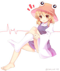 Rule 34 | 1girl, blonde hair, blush, brown hat, cardiogram, commentary request, dressing, feet, full body, hair between eyes, hair ribbon, hat, highres, invisible chair, kneehighs, leg up, long sleeves, looking at viewer, medium hair, moriya suwako, notice lines, one-hour drawing challenge, open mouth, orange ribbon, panties, purple skirt, purple vest, ramudia (lamyun), ribbon, shirt, sidelocks, simple background, single bare foot, single kneehigh, single sock, sitting, skirt, socks, soles, solo, toes, touhou, turtleneck, turtleneck shirt, twitter username, underwear, vest, white background, white panties, white shirt, white socks, wide sleeves, yellow eyes