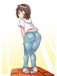 Rule 34 | 1girl, ass, brown eyes, brown hair, cougar (cougar1404), denim, denim jeans, from behind, jeans, leaning, leaning forward, looking at viewer, looking back, one eye closed, original, pants, shirt, shoes, short hair, smile, sneakers, solo, wink