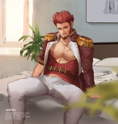 Rule 34 | 1boy, appas, bara, blue eyes, brown hair, bulge, collar, epaulettes, erection, erection under clothes, facial hair, fate/grand order, fate (series), fringe trim, goatee, highres, jacket, large pectorals, long sideburns, long sleeves, male focus, muscular, napoleon bonaparte (fate), open clothes, open jacket, open shirt, pectoral cleavage, pectorals, scar, sideburns, smile, solo, thighs, uniform