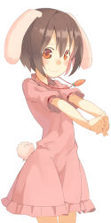 Rule 34 | 1girl, :3, alternate hair color, animal ears, blush, brown hair, carrot, carrot necklace, cowboy shot, cracking knuckles, dress, highres, inaba tewi, jewelry, looking at viewer, necklace, outstretched arms, pink dress, rabbit ears, rabbit tail, red eyes, seu kaname, short hair, simple background, smile, solo, tail, touhou, white background