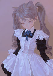 Rule 34 | 1girl, animal ears, apron, black dress, blue ribbon, cat ears, closed mouth, cowboy shot, dress, feiqizi (fkey), fkey, grey hair, highres, juliet sleeves, long sleeves, looking at viewer, maid, neck ribbon, original, pink eyes, puffy sleeves, ribbon, sanpaku, skirt hold, solo, twintails, white apron