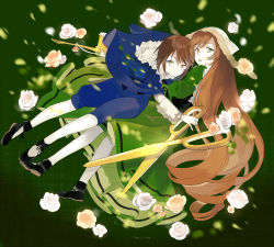 Rule 34 | 2girls, black footwear, blue shorts, brown hair, capelet, character request, closed mouth, dress, english text, flower, green background, green dress, green eyes, headdress, heterochromia, holding, long hair, long sleeves, looking at viewer, lowe (slow), multiple girls, pantyhose, parted lips, red eyes, rozen maiden, scissors, shoes, short hair, shorts, very long hair, watering can, white legwear
