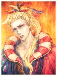 Rule 34 | 1990s (style), 1boy, blonde hair, blue eyes, boojum, cefca palazzo, final fantasy, final fantasy vi, long hair, looking at viewer, male focus, ponytail, solo