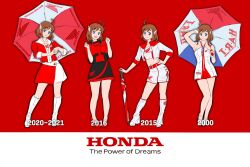 Rule 34 | 1girl, antenna hair, arms up, bakuon!!, belt, blue eyes, boots, brown hair, clothes writing, collarbone, contrapposto, english text, full body, hair wings, hand on own hip, high heels, highres, holding, holding umbrella, honda, jacket, knee boots, looking at viewer, midriff, miniskirt, multicolored clothes, multicolored jacket, multiple views, open mouth, planted, planted umbrella, product placement, race queen, red background, red footwear, sakuma masanori, sakura hane, sandals, short hair, simple background, skirt, smile, standing, sunglasses, teeth, two-tone jacket, two-tone skirt, umbrella, upper teeth only, white footwear, white skirt