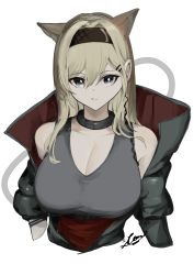 Rule 34 | 1girl, absurdres, animal ears, arknights, bare shoulders, black eyes, black hairband, blonde hair, breasts, bright pupils, cleavage, collar, collarbone, cropped torso, earpiece, extra ears, grey shirt, hair between eyes, hairband, highres, horn (arknights), kajuu, large breasts, long hair, long sleeves, looking at viewer, parted lips, shirt, signature, solo, upper body, wolf ears
