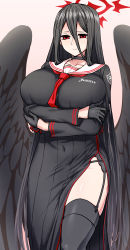 Rule 34 | 1girl, absurdres, black gloves, black hair, black serafuku, black shirt, black skirt, black thighhighs, black wings, blue archive, blush, breasts, closed mouth, covered navel, crossed arms, feathered wings, garter belt, gloves, gradient background, hair between eyes, half gloves, halo, hasumi (blue archive), highres, huge breasts, itou yuuji, long hair, long skirt, looking at viewer, mole, mole under eye, necktie, pink background, pleated skirt, red eyes, red necktie, sailor collar, school uniform, serafuku, shirt, side slit, skirt, smile, solo, standing, thighhighs, very long hair, white sailor collar, wings