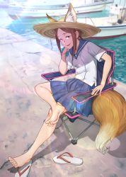 Rule 34 | 1girl, animal ears, barefoot, blue skirt, blush, boat, breasts, brown eyes, brown hair, chair, feet, flip-flops, fox ears, fox tail, full body, hat, highres, houkago teibou nisshi, kemonomimi mode, kobu ride, kuroiwa yuuki, looking at viewer, ocean, on chair, open mouth, outdoors, pleated skirt, ponytail, sandals, school uniform, serafuku, shoes, unworn shoes, sitting, skirt, small breasts, smile, soles, solo, straw hat, tail, watercraft