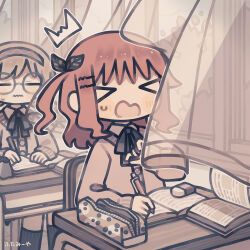 Rule 34 | &gt; &lt;, 2girls, ^^^, black ribbon, black socks, blush, book, brown cardigan, brown hair, cardigan, classroom, closed eyes, commentary request, day, desk, eraser, floating curtains, frown, futami ya, glasses, hair ornament, hairclip, hand up, highres, holding, holding pencil, indoors, kneehighs, long hair, long sleeves, mechanical pencil, multiple girls, neck ribbon, on chair, one side up, open book, open mouth, open window, original, pencil, pencil case, red hair, ribbon, round eyewear, school, school desk, see-through curtains, short hair, sidelocks, sitting, socks, wavy mouth, wind, window