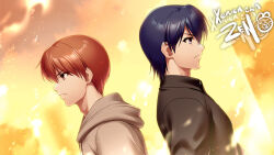 Rule 34 | 2boys, aged up, angel beats!, back-to-back, black jacket, blue hair, brown hair, casual, closed mouth, commentary, commission, dutch angle, english commentary, eyelashes, fire, from side, frown, game cg, grey jacket, hair between eyes, hinata hideki, hood, hood down, hooded jacket, jacket, lips, multiple boys, nose, otonashi yuzuru, outdoors, paid reward available, profile, purple eyes, red eyes, second-party source, serious, short hair, skeb commission, upper body, v-shaped eyebrows, zen (kamuro)