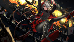 Rule 34 | 1girl, antenna hair, arknights, arms up, artist name, ass, black jacket, black pantyhose, black shirt, black skirt, blurry, breasts, building, card, commentary, depth of field, detonator, explosion, grey hair, highres, horns, jacket, looking at viewer, medium breasts, miniskirt, nev (nevblindarts), open clothes, open jacket, outdoors, outside border, pantyhose, parted lips, playing card, red eyes, shirt, shoes, short hair, skirt, sleeveless, sleeveless shirt, smile, solo, w (arknights)