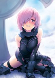 Rule 34 | 1girl, arm support, armor, bare shoulders, breasts, clenched teeth, elbow gloves, fate/grand order, fate (series), female focus, gauntlets, gloves, greaves, hair over one eye, kazuma muramasa, kneeling, large breasts, leaning forward, looking at viewer, mash kyrielight, purple eyes, purple hair, short hair, solo, teeth, thigh strap