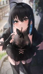 Rule 34 | 1girl, ahoge, black dress, black gloves, black hair, black nails, black thighhighs, blue hair, blurry, blurry background, blush, breasts, brown eyes, cleavage, colored inner hair, commentary, cross, cross earrings, dress, earrings, english commentary, fingerless gloves, food, gloves, hair between eyes, hand on own hip, highres, irene (kanniiepan), jewelry, kanniiepan, latin cross, looking at viewer, medium breasts, medium hair, mole, mole under eye, multicolored hair, nail polish, open mouth, original, pocky, pocky day, short sleeves, sidelocks, solo, thighhighs, two-tone hair