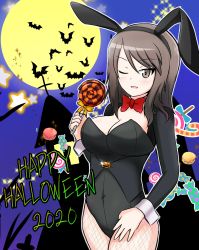 Rule 34 | 1girl, alternate costume, amogan, animal ears, bat (animal), black leotard, bow, bowtie, breasts, brown eyes, brown hair, building, candy, candy cane, cleavage cutout, clothing cutout, commentary, cowboy shot, dated, english text, fake animal ears, fishnet pantyhose, fishnets, food, full moon, girls und panzer, halloween, halloween costume, happy halloween, highres, holding, holding candy, holding food, holding lollipop, jack-o&#039;-lantern ornament, leotard, lollipop, long hair, long sleeves, looking at viewer, macaron, medium breasts, mika (girls und panzer), moon, night, one eye closed, open mouth, outline, pantyhose, playboy bunny, rabbit ears, red bow, red bowtie, smile, standing, star (symbol), white outline
