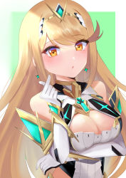 Rule 34 | bare shoulders, blonde hair, breasts, chest jewel, cleavage, cleavage cutout, clothing cutout, dress, earrings, elbow gloves, gloves, highres, jewelry, kyaro (wanu 14), large breasts, long hair, mythra (xenoblade), solo, swept bangs, tiara, very long hair, white dress, white gloves, xenoblade chronicles (series), xenoblade chronicles 2, yellow eyes