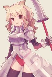 Rule 34 | &gt;:), 10s, 1girl, animal ears, armor, armored dress, bad id, bad twitter id, beige background, black thighhighs, blonde hair, blush, breastplate, brown eyes, brown hair, contrapposto, cowboy shot, dot nose, gauntlets, gradient hair, high ponytail, holding, holding polearm, holding spear, holding weapon, kemono friends, knight, long hair, long sleeves, longhorn lance, looking at viewer, multicolored hair, panties, pantyshot, pauldrons, pink lips, polearm, ponytail, red panties, rhinoceros ears, ringlets, shoulder armor, sidelocks, simple background, smile, solo, spear, standing, thighhighs, tsurime, two-tone hair, underwear, uso (ameuzaki), v-shaped eyebrows, wavy hair, weapon, white rhinoceros (kemono friends), zettai ryouiki