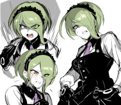Rule 34 | 1girl, angry, black dress, black gloves, blush, clenched teeth, commentary request, crying, danganronpa (series), danganronpa v3: killing harmony, dress, eyes visible through hair, gloves, green eyes, hair over one eye, hand up, highres, long sleeves, looking at viewer, maid headdress, necktie, open mouth, pale skin, pink neckwear, portrait, shirt, short hair, simple background, spider web print, suurin (ksyaro), sweat, tears, teeth, tojo kirumi
