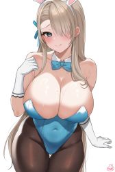 Rule 34 | 1girl, absurdres, animal ears, asuna (blue archive), asuna (bunny) (blue archive), bad id, bad twitter id, bare shoulders, blue archive, blue bow, blue bowtie, blue eyes, blue leotard, blue ribbon, bow, bowtie, breasts, brown pantyhose, cleavage, detached collar, fake animal ears, gloves, hair over one eye, hair ribbon, highres, ksubi (toxtricitygf), large breasts, leotard, light brown hair, long hair, looking at viewer, mole, mole on breast, official alternate costume, pantyhose, playboy bunny, rabbit ears, ribbon, solo, swept bangs, white gloves