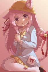 Rule 34 | 1girl, animal ear fluff, animal ears, azur lane, bell, blue shirt, cat ears, cat tail, hands on own chest, hat, highres, jingle bell, kisaragi (azur lane), long hair, miimu (nelreg3), pink background, pink eyes, pink hair, ribbon, school hat, shirt, side ponytail, simple background, sitting, skirt, solo, tail, tail ornament, tail ribbon, thighhighs, white thighhighs, yellow hat, yellow skirt