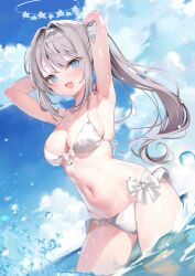 Rule 34 | 1girl, :d, absurdres, armpits, arms behind head, arms up, bikini, blue eyes, blue sky, breasts, cleavage, cloud, day, grey hair, hair intakes, halo, highres, hiuzawa reira, indie virtual youtuber, long hair, looking at viewer, medium breasts, navel, open mouth, outdoors, pon (ponidrop), second-party source, sideboob, sky, smile, solo, standing, swimsuit, thighs, virtual youtuber, wading, water drop, wet, white bikini