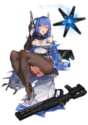 Rule 34 | 1girl, assault rifle, bare shoulders, black pantyhose, blue hair, blush, bound, bow, breasts, bullpup, cleavage, cloak, covered erect nipples, damaged, detached sleeves, dinergate (girls&#039; frontline), drone, fingerless gloves, floating headgear, frown, full body, girls&#039; frontline, gloves, gun, hair between eyes, hand on headwear, hand on own head, hand up, headgear, high heels, highres, iwi tavor, iwi tavor tar-21, large breasts, leotard, light particles, long hair, looking at viewer, mod3 (girls&#039; frontline), open mouth, pantyhose, rifle, sidelocks, sitting, solo, tar-21 (girls&#039; frontline), tavor tar-21, thigh strap, torn cloak, torn clothes, trigger discipline, unmanned aerial vehicle, very long hair, weapon, weibo watermark, white footwear, white leotard, yellow eyes, yueqin (monnpiano)