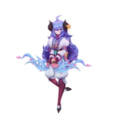 Rule 34 | curled horns, flower, full body, game cg, hair between eyes, hair flower, hair ornament, highres, horns, kindred (league of legends), lamb (league of legends), long hair, official alternate costume, official art, purple hair, sheep girl, smile, solo, source request, spirit blossom kindred, transparent background, white fur