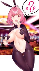 Rule 34 | 1girl, ?, ahoge, animal ears, black pantyhose, blue hair, blurry, blurry background, bow, bowtie, breasts, casino, commentary, detos, dot nose, finger to mouth, hair intakes, hands up, heart pasties, highres, idolmaster, idolmaster cinderella girls, indoors, large breasts, looking at viewer, maebari, meme attire, multicolored hair, navel, open mouth, pantyhose, pasties, pink eyes, pink hair, rabbit ears, raised eyebrows, reverse bunnysuit, reverse outfit, shiny skin, short hair, shrug (clothing), slot machine, solo, spoken question mark, teeth, thigh gap, thighs, twitter username, two-tone hair, upper teeth only, wrist cuffs, yumemi riamu