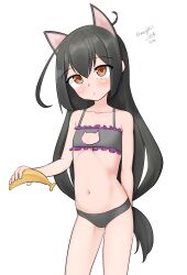 Rule 34 | 1girl, absurdres, animal ears, arm behind back, banana, black hair, bra, brown eyes, cat cutout, cat ears, cat lingerie, cleavage cutout, clothing cutout, feet out of frame, flat chest, food, frilled bra, frills, fruit, grey bra, grey panties, hatsushimo (kancolle), highres, kantai collection, long hair, low-tied long hair, maru (marg0613), meme attire, one-hour drawing challenge, panties, solo, underwear, underwear only