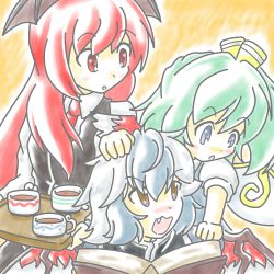 Rule 34 | 3girls, :o, bat wings, blue dress, blue eyes, blue hair, blush, book, bow, brown eyes, cup, daiyousei, dress, dress shirt, fairy wings, fang, feathers, green hair, hair bow, hand on another&#039;s head, head wings, holding, holding book, koakuma, kujiraya, long hair, long sleeves, looking at another, multiple girls, necktie, open book, open mouth, pointing, puffy short sleeves, puffy sleeves, reading, red eyes, red hair, red wings, shirt, short sleeves, side ponytail, simple background, single wing, skirt, skirt set, teacup, tokiko (touhou), touhou, tray, vest, wavy mouth, white shirt, wings
