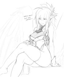 Rule 34 | 1girl, absurdres, ahoge, angel, angel wings, arm support, ass, bare shoulders, blush, breasts, cleavage, crossed legs, english text, eyes visible through hair, greyscale, hair between eyes, haohi (less), highres, less, medium breasts, monochrome, original, pointy ears, ponytail, sitting, sleeveless, small breasts, smile, solo, thighhighs, underboob, wings, wrist cuffs