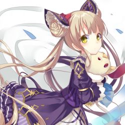 Rule 34 | 1girl, blonde hair, blush, bow, closed mouth, cowboy shot, double bun, dress, frills, hair bow, hair bun, hair ornament, hair ribbon, holding, holding stuffed toy, lolita fashion, long hair, long sleeves, looking at viewer, looking to the side, luna (shadowverse), nyori, petticoat, puffy long sleeves, puffy sleeves, purple dress, red bow, red ribbon, ribbon, shadowverse, sidelocks, solo, stuffed animal, stuffed toy, twintails, very long hair, yellow eyes