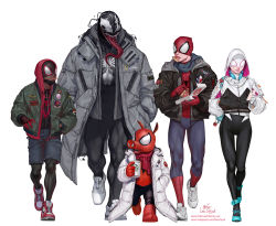 Rule 34 | 1girl, 4boys, adapted costume, backpack, bag, bodysuit, bodysuit under clothes, candy, commentary, cup, disposable cup, eating, english commentary, food, full body, gwen stacy, hands in pocket, headphones, headphones around neck, highres, hood, hooded bodysuit, hoodie, in-hyuk lee, jacket, lollipop, long tongue, marvel, mask, miles morales, monster boy, mouth mask, multiple boys, peter parker, pizza, pizza box, pizza slice, scarf, sharp teeth, shoes, simple background, sneakers, snout, spider-gwen, spider-ham, spider-man, spider-man (miles morales), spider-man (series), symbiote, teeth, thigh gap, tongue, venom (marvel), walking, white background