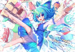 Rule 34 | 1girl, :d, bloomers, blue dress, blue eyes, blue hair, blush, bow, cake, cirno, dress, food, foot out of frame, hair bow, happy, highres, ice, ice cream, ice cream cone, ice wings, kiramarukou, looking at viewer, open mouth, popsicle, shaved ice, short hair, smile, soft serve, solo, touhou, underwear, wings