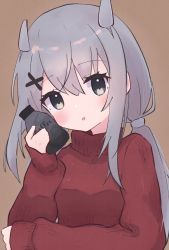 Rule 34 | 1girl, blush, bottle, brown background, grey eyes, grey hair, hair between eyes, headgear, highres, holding, holding bottle, i-201 (kancolle), kantai collection, long hair, long sleeves, looking at viewer, open mouth, red sweater, simple background, smile, solo, sweater, turtleneck, turtleneck sweater, unoi, upper body
