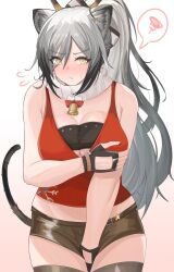 Rule 34 | 1girl, animal ears, arknights, bandeau, black shorts, breasts, cat ears, cat tail, cleavage, commentary request, cowboy shot, fake antlers, gradient background, grey hair, highres, large breasts, long hair, looking at viewer, medium breasts, midriff, official alternate costume, pink background, ponytail, red tank top, scarf, schwarz (arknights), schwarz (presents) (arknights), short shorts, shorts, solo, standing, tail, tank top, tenten (1010haka), very long hair, white background, white scarf
