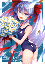 Rule 34 | 1girl, aqua background, ass, bare shoulders, blue eyes, blue hair, blue one-piece swimsuit, blush, border, bouquet, breasts, cluseller, confetti, daisy, digitan, english text, female focus, flower, from behind, hair ribbon, hand up, happy, happy birthday, highres, holding, japanese text, light blush, long hair, looking back, looking to the side, one-piece swimsuit, open mouth, original, outside border, red ribbon, ribbon, shiny clothes, shiny skin, simple background, skindentation, small breasts, smile, solo, standing, swimsuit, teeth, thighhighs, tongue, translated, twintails, twisted torso, white border, white flower, white thighhighs
