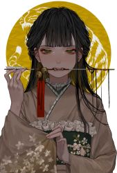 Rule 34 | 1girl, arrow (projectile), arrow in mouth, bell, black hair, blush, brown eyes, brown hair, brown kimono, colored inner hair, commentary request, fangs, floral print, hand up, highres, japanese clothes, jingle bell, kimono, long hair, long sleeves, looking at viewer, mouth hold, multicolored hair, obi, original, sash, simple background, solo, tayumeru, upper body