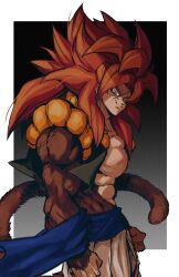 Rule 34 | 1boy, absurdres, biceps, black wristband, blue eyes, blue sash, body fur, dragon ball, dragon ball gt, gogeta, highres, looking at viewer, male focus, metamoran vest, monkey boy, monkey tail, muscular, muscular male, no nipples, pants, pectorals, red hair, relio db318, sash, simple background, smile, smirk, solo, spiked hair, super saiyan, super saiyan 4, tail, veins, veiny hands, white pants