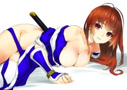 Rule 34 | 1girl, breasts, breasts out, brown hair, choker, dead or alive, highres, kasumi (doa), long hair, lying, md5 mismatch, nipples, no bra, no panties, nude, off shoulder, on side, pelvic curtain, red eyes, sanbasou, sheath, sheathed, single thighhigh, solo, sword, tecmo, thighhighs, weapon, white thighhighs