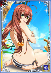 Rule 34 | 1girl, barefoot, beach, bikini, blue sky, blush, breasts, breasts squeezed together, brown hair, card (medium), curvy, day, embarrassed, glasses, green eyes, hair ornament, ikkitousen, large breasts, long hair, looking at viewer, looking back, official art, open mouth, outdoors, ryuubi gentoku, shiny skin, side-tie bikini bottom, sky, solo, striped bikini, striped clothes, sweat, swimsuit, torn bikini, torn clothes, very long hair, wide hips