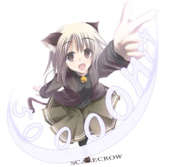 Rule 34 | 1girl, animal ears, bell, brown eyes, cat ears, jacket, long hair, open mouth, original, outstretched arms, satomi (black scarecrow), shoes, skirt, solo, tail, thighhighs, white hair