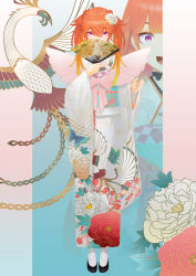 Rule 34 | bird, chicken, floral print, folding fan, gradient hair, hand fan, holding, holding fan, hololive, hololive english, huke, japanese clothes, kimono, multicolored hair, obi, official alternate costume, official art, orange hair, paper fan, phoenix, pink eyes, sash, takanashi kiara, takanashi kiara (new year), twintails, virtual youtuber, white kimono, wide sleeves